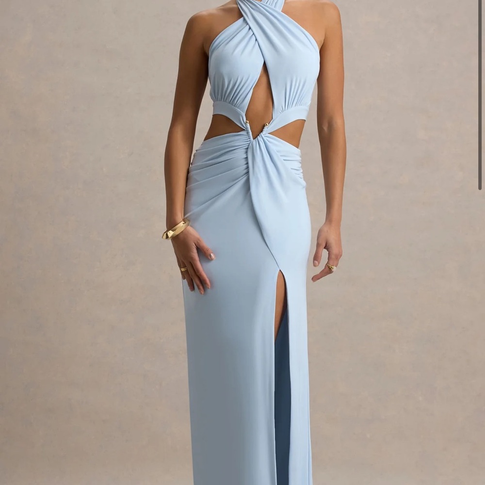Club L London Powder Blue Halter-Neck Cut-Out Split Maxi Dress